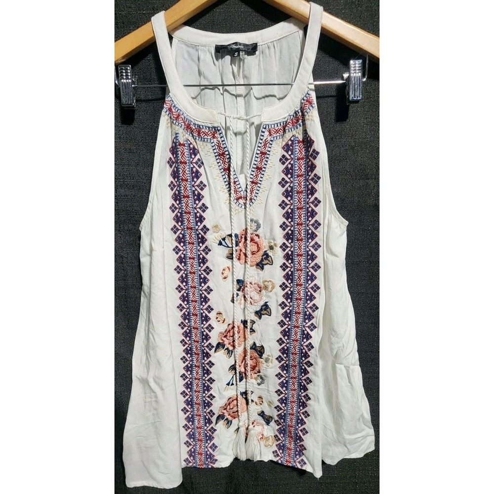 Andree by‎ Unit Embroidered White Sleeveless Tassel Tank Boho Hippy Shirt Sz Sm